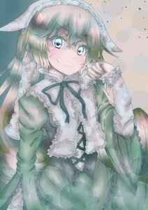 Rating: Safe Score: 0 Tags: 1girl blue_eyes blush closed_mouth dress eyebrows_visible_through_hair frills green_dress image long_hair long_sleeves neck_ribbon ribbon smile solo suiseiseki User: admin