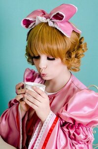 Rating: Safe Score: 0 Tags: 1girl blonde_hair blue_background bow closed_eyes cup dress drill_hair hair_bow hina_ichigo hinaichigo lips pink_bow pink_dress profile realistic solo traditional_media upper_body User: admin