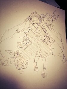 Rating: Safe Score: 0 Tags: 1girl dress flower image long_hair long_sleeves looking_at_viewer monochrome petals rose shinku solo traditional_media twintails very_long_hair User: admin