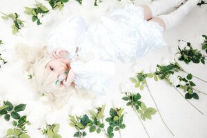 Rating: Safe Score: 0 Tags: 1girl bandaged_arm bandaged_leg bandages blurry clover depth_of_field dress four-leaf_clover kirakishou leaf looking_at_viewer lying on_side plant potted_plant solo striped striped_legwear vines white_dress white_hair white_theme User: admin