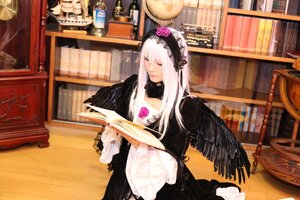 Rating: Safe Score: 0 Tags: 1girl bangs black_dress black_wings bookshelf closed_eyes closed_mouth dress feathered_wings flower hairband long_hair long_sleeves rose silver_hair solo suigintou wings User: admin