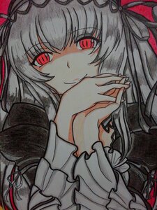 Rating: Safe Score: 3 Tags: 1girl bangs black_dress closed_mouth dress eyebrows_visible_through_hair fingernails frills gothic_lolita hair_ribbon hands_clasped image interlocked_fingers lolita_fashion long_hair long_sleeves looking_at_viewer own_hands_together red_eyes red_ribbon ribbon smile solo suigintou traditional_media User: admin