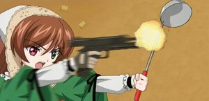 Rating: Safe Score: 0 Tags: 1girl brown_hair dress firing frills green_dress green_eyes head_scarf heterochromia image long_sleeves motion_blur open_mouth red_eyes simple_background solo suiseiseki User: admin