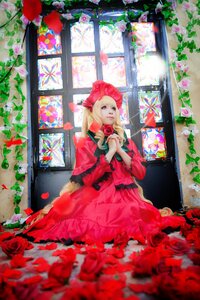 Rating: Safe Score: 0 Tags: 1girl blonde_hair blue_eyes bonnet dress flower hat red_dress red_flower red_rose rose shinku solo window User: admin