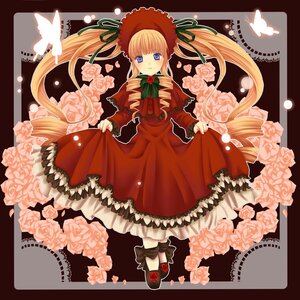 Rating: Safe Score: 0 Tags: 1girl blonde_hair blue_eyes bonnet bow bowtie dress drill_hair flower green_bow hat image long_hair long_sleeves looking_at_viewer pink_flower pink_rose red_dress rose shinku shoes solo twintails very_long_hair white_rose User: admin