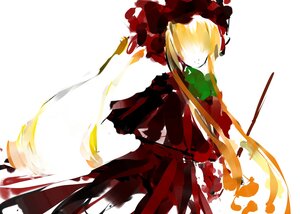 Rating: Safe Score: 0 Tags: 1girl blonde_hair dress fire holding_weapon image long_hair long_sleeves shinku simple_background solo weapon white_background User: admin