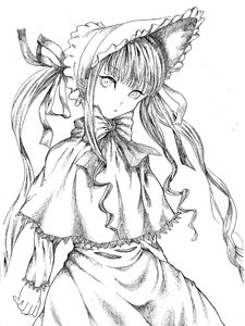 Rating: Safe Score: 0 Tags: 1girl bonnet breasts capelet dress greyscale hat image large_breasts long_hair looking_at_viewer monochrome ribbon shinku solo twintails User: admin