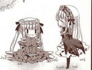 Rating: Safe Score: 0 Tags: 2girls blush chibi dress flower hairband image long_hair long_sleeves monochrome multiple_girls open_mouth pair shinku smile suigintou very_long_hair white_background User: admin