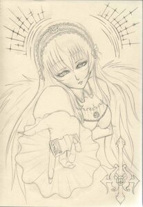 Rating: Safe Score: 0 Tags: 1girl dress frills greyscale hairband image lolita_hairband long_hair long_sleeves looking_at_viewer monochrome outstretched_arm simple_background solo suigintou traditional_media very_long_hair white_background wings User: admin