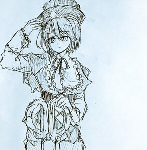 Rating: Safe Score: 0 Tags: 1girl blue_background blue_theme blush capelet closed_mouth eyebrows_visible_through_hair frills hat image long_sleeves looking_at_viewer monochrome nagae_iku neck_ribbon ribbon short_hair sketch solo souseiseki User: admin