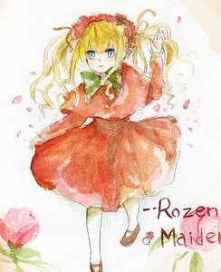 Rating: Safe Score: 0 Tags: 1girl blonde_hair blue_eyes bonnet bow bowtie dress flower full_body green_bow green_neckwear image long_hair long_sleeves looking_at_viewer petals photo red_capelet red_dress shinku shoes solo standing traditional_media twintails white_legwear User: admin