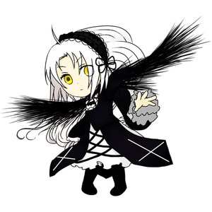 Rating: Safe Score: 0 Tags: 1girl black_ribbon boots chibi cross-laced_clothes dress frilled_sleeves frills full_body hairband image long_hair long_sleeves looking_at_viewer ribbon simple_background solo standing striped suigintou very_long_hair white_background wings yellow_eyes User: admin