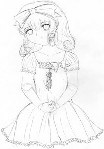Rating: Safe Score: 0 Tags: 1girl auto_tagged bare_shoulders bow detached_sleeves dress greyscale hair_bow hinaichigo image jewelry looking_at_viewer monochrome ribbon solo standing traditional_media User: admin