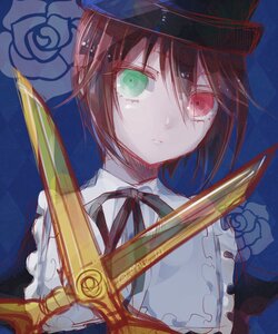 Rating: Safe Score: 0 Tags: 1girl black_headwear blue_background brown_hair flower green_eyes hat heterochromia image looking_at_viewer neck_ribbon red_eyes ribbon short_hair solo souseiseki upper_body User: admin