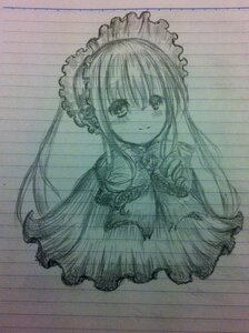 Rating: Safe Score: 0 Tags: 1girl blush dress eyebrows_visible_through_hair frills image long_hair looking_at_viewer monochrome shinku simple_background sketch smile solo traditional_media umbrella white_background User: admin