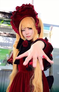 Rating: Safe Score: 0 Tags: 1girl blonde_hair blue_eyes bonnet dress flower lolita_fashion long_hair looking_at_viewer outstretched_hand reaching red_dress red_flower red_rose rose shinku solo User: admin