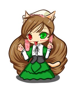 Rating: Safe Score: 0 Tags: 1girl :p animal_ears blush_stickers brown_hair cat_ears chibi dress food food_on_face green_dress green_eyes heterochromia holding image kemonomimi_mode long_hair long_sleeves red_eyes solo suiseiseki tail tongue tongue_out very_long_hair white_background User: admin