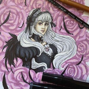 Rating: Safe Score: 0 Tags: 1girl feathers flower gothic_lolita image lolita_fashion long_hair long_sleeves pink_theme rose solo suigintou traditional_media white_hair User: admin