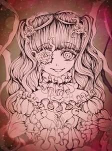 Rating: Safe Score: 0 Tags: 1girl eyepatch flower frills hair_flower hair_ornament image kirakishou long_hair monochrome smile solo traditional_media User: admin