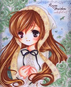 Rating: Safe Score: 0 Tags: 1girl brown_hair dress flower frills head_scarf image long_hair long_sleeves looking_at_viewer ribbon rose solo suiseiseki traditional_media upper_body User: admin