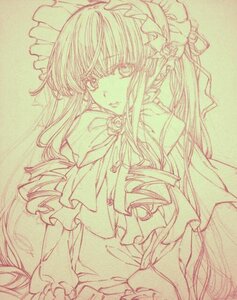 Rating: Safe Score: 0 Tags: 1girl bow capelet frills green_theme hair_bow image lineart long_hair long_sleeves monochrome shinku solo traditional_media User: admin