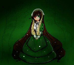 Rating: Safe Score: 0 Tags: 1girl brown_hair dress frills full_body green_background green_dress green_eyes heterochromia image long_hair long_sleeves looking_at_viewer red_eyes simple_background solo suiseiseki very_long_hair User: admin
