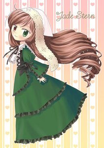 Rating: Safe Score: 0 Tags: 1girl blush brown_hair dress drill_hair frills full_body green_dress green_eyes heart heterochromia image long_hair long_sleeves looking_at_viewer red_eyes ribbon smile solo striped_background suiseiseki twin_drills very_long_hair User: admin