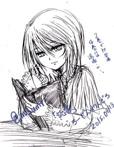 Rating: Safe Score: 0 Tags: 1girl book dated frills holding holding_book image long_sleeves looking_at_viewer m1umr monochrome no_hat reading short_hair sketch solo souseiseki upper_body User: admin