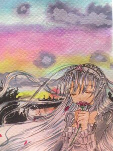 Rating: Safe Score: 0 Tags: 1girl closed_eyes floating_hair image long_hair open_mouth solo suigintou traditional_media watercolor_(medium) User: admin
