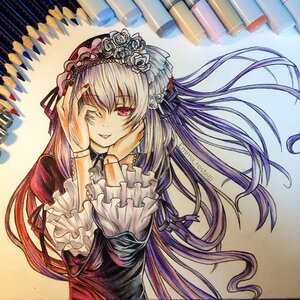 Rating: Safe Score: 0 Tags: 1girl bangs doll_joints dress flower frills hairband hands_on_own_face image joints juliet_sleeves long_hair long_sleeves looking_at_viewer red_eyes rose smile solo suigintou traditional_media upper_body very_long_hair watercolor_(medium) User: admin