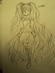 Rating: Safe Score: 0 Tags: 1girl boots bow detached_sleeves dress frills image kirakishou knee_boots long_hair monochrome sketch smile solo traditional_media twintails very_long_hair User: admin