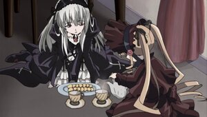 Rating: Safe Score: 0 Tags: dress flower food frills hairband image long_hair long_sleeves multiple_girls pair pink_eyes rose shinku sitting suigintou very_long_hair wings User: admin