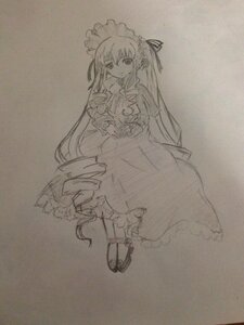 Rating: Safe Score: 0 Tags: 1girl dress drill_hair frills full_body image long_hair long_sleeves looking_at_viewer monochrome photo shinku smile solo standing traditional_media twintails very_long_hair User: admin