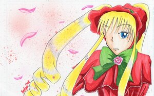 Rating: Safe Score: 0 Tags: 1girl blonde_hair blue_eyes bonnet bow bowtie dress drill_hair green_bow green_neckwear image long_hair long_sleeves looking_at_viewer petals red_dress shinku simple_background solo twintails upper_body white_background User: admin