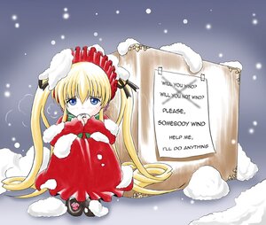 Rating: Safe Score: 0 Tags: 1girl blonde_hair blue_eyes for_adoption image imai_kazunari long_hair long_sleeves red_capelet rozen_maiden shinku sign sitting snow snowing solo translated twintails very_long_hair User: admin