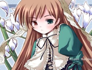 Rating: Safe Score: 0 Tags: 1girl brown_hair dress flower frills green_dress hat heterochromia image long_hair long_sleeves ribbon solo suiseiseki upper_body very_long_hair User: admin