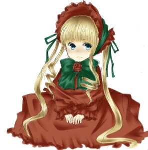 Rating: Safe Score: 0 Tags: 1girl blonde_hair blue_eyes blush bonnet bow bowtie dress flower green_bow image long_hair long_sleeves looking_at_viewer rose shinku simple_background sitting solo twintails white_background User: admin