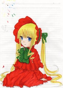 Rating: Safe Score: 0 Tags: 1girl blonde_hair blue_eyes bonnet bow bowtie dress green_bow green_neckwear image long_hair long_sleeves looking_at_viewer shinku sitting solo twintails very_long_hair User: admin