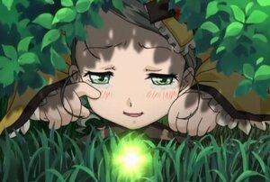Rating: Safe Score: 0 Tags: 1girl blush brown_hair frills grass green_eyes hat image kanaria long_sleeves looking_at_viewer on_grass open_mouth plant smile solo User: admin