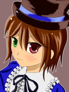 Rating: Safe Score: 0 Tags: 1girl black_ribbon blue_dress blue_ribbon blush brown_hair closed_mouth frilled_shirt_collar frills green_eyes hat heterochromia image looking_at_viewer neck_ribbon red_eyes ribbon short_hair simple_background solo souseiseki top_hat User: admin