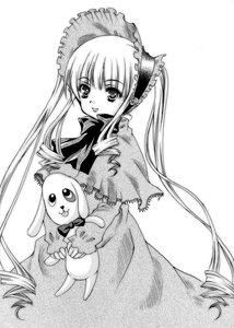 Rating: Safe Score: 0 Tags: 1girl bonnet bow capelet dress drill_hair greyscale holding image long_hair long_sleeves looking_at_viewer monochrome shinku simple_background smile solo stuffed_animal twin_drills twintails very_long_hair white_background User: admin