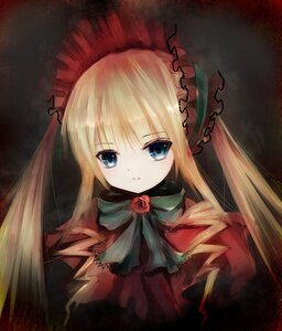 Rating: Safe Score: 0 Tags: 1girl blonde_hair blue_eyes bow bowtie dress flower green_bow image long_hair looking_at_viewer rose shinku solo twintails User: admin