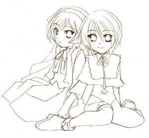 Rating: Safe Score: 0 Tags: 1boy 1girl alice_margatroid cape capelet dress full_body holding_hands image long_sleeves looking_at_viewer monochrome pair ribbon short_hair simple_background sitting smile souseiseki suiseiseki thighhighs twins white_background User: admin