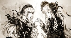 Rating: Safe Score: 0 Tags: 2girls dress eye_contact floating_hair flower hairband image lace lolita_fashion long_hair long_sleeves looking_at_another monochrome multiple_girls pair petals profile ribbon shinku suigintou symmetry traditional_media upper_body wings User: admin