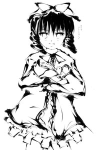 Rating: Safe Score: 0 Tags: 1girl animal_ears bow dress drill_hair greyscale hinaichigo image monochrome ribbon short_hair smile solo User: admin