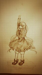 Rating: Safe Score: 0 Tags: 1girl arm_up auto_tagged dress eyebrows_visible_through_hair full_body image long_hair long_sleeves monochrome shinku shoes smile solo standing twintails very_long_hair User: admin