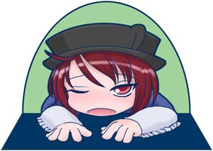 Rating: Safe Score: 0 Tags: 1girl auto_tagged blush eyebrows_visible_through_hair hat image long_sleeves looking_at_viewer one_eye_closed open_mouth red_eyes red_hair short_hair simple_background solo souseiseki User: admin