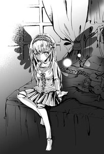 Rating: Safe Score: 0 Tags: 1girl barefoot bed doll_joints dress greyscale hairband image joints long_hair monochrome sitting solo stuffed_animal stuffed_bunny suigintou User: admin