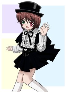 Rating: Safe Score: 0 Tags: 1girl blush brown_hair dress green_eyes hat heterochromia image kneehighs long_sleeves looking_at_viewer open_mouth red_eyes ribbon solo souseiseki striped striped_background top_hat white_legwear User: admin