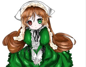 Rating: Safe Score: 0 Tags: 1girl blush brown_hair dress frills green_dress green_eyes heterochromia image long_hair long_sleeves looking_at_viewer red_eyes simple_background solo suiseiseki twintails very_long_hair white_background User: admin